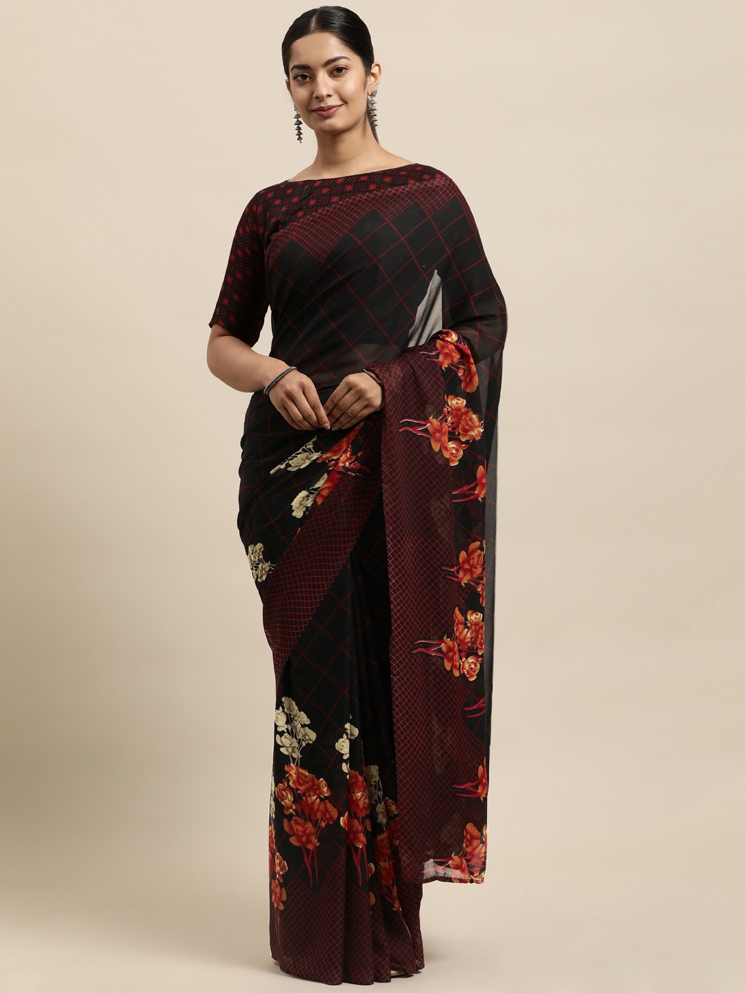 

KALINI Black Floral Georgette Printed Saree
