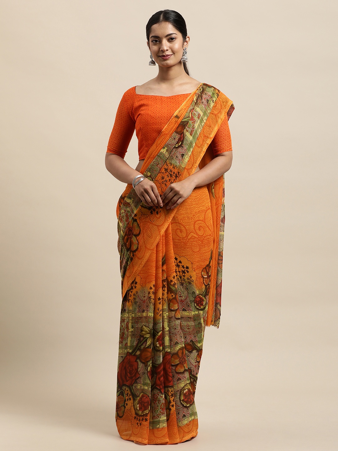 

KALINI Orange Floral Saree