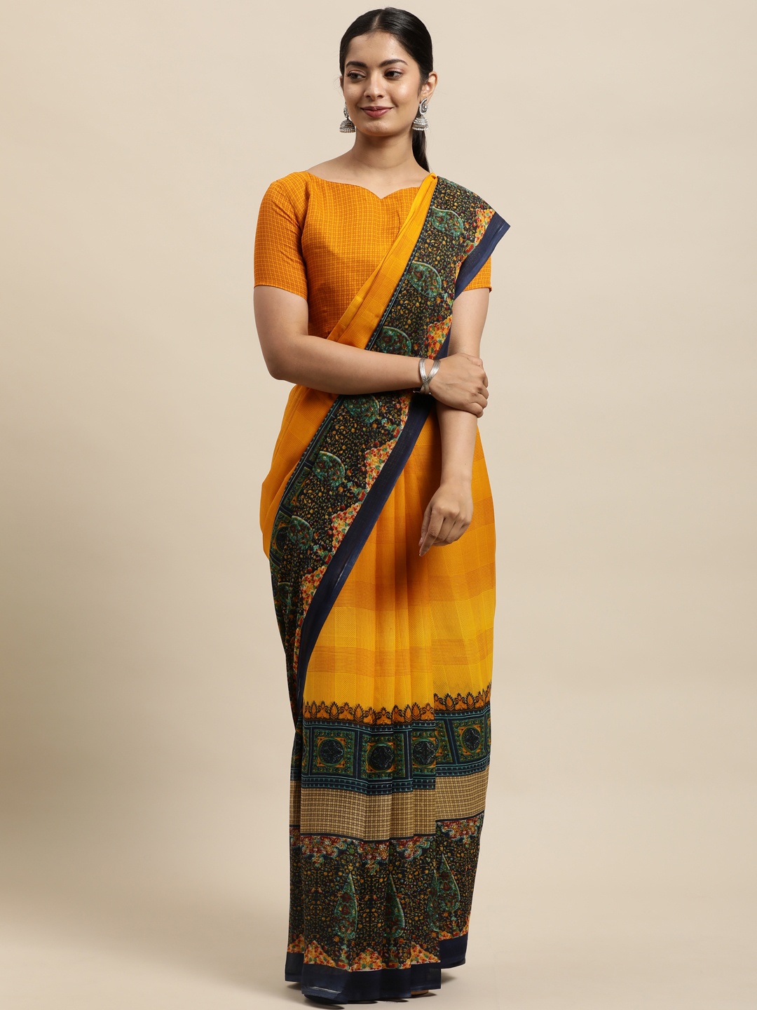 

KALINI Mustard Yellow & Black Checked Georgette Saree