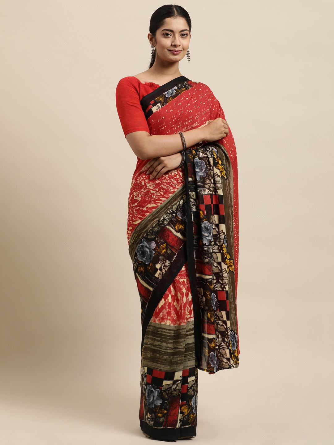 

KALINI Red & Multicoloured Floral Saree
