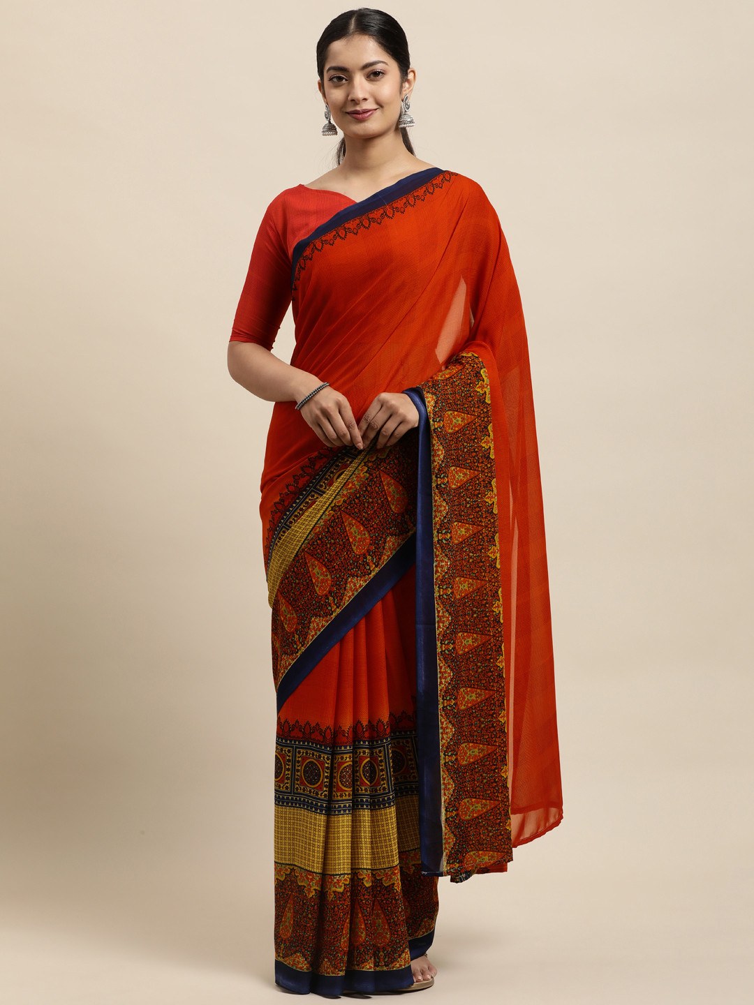 

KALINI Red Ethnic Motifs Georgette Printed Saree