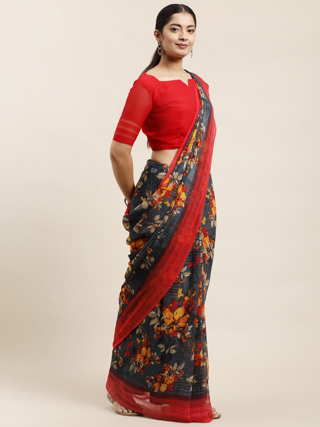 

KALINI Grey & Red Floral Saree