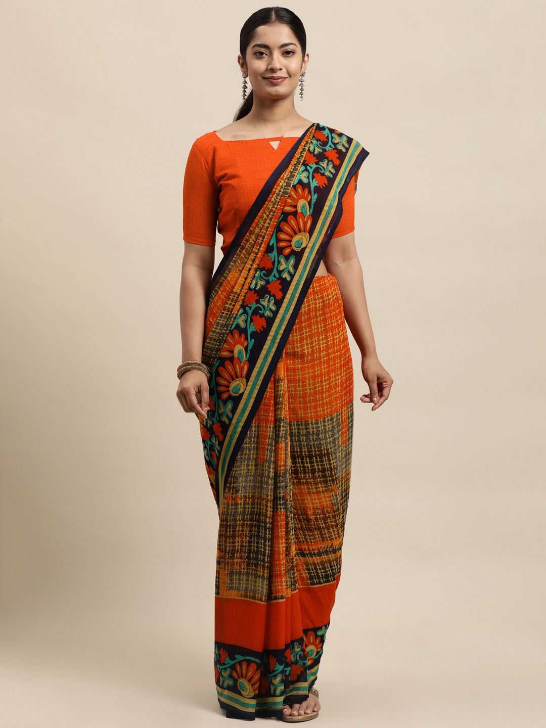 

KALINI Orange & Black Georgette Printed Saree