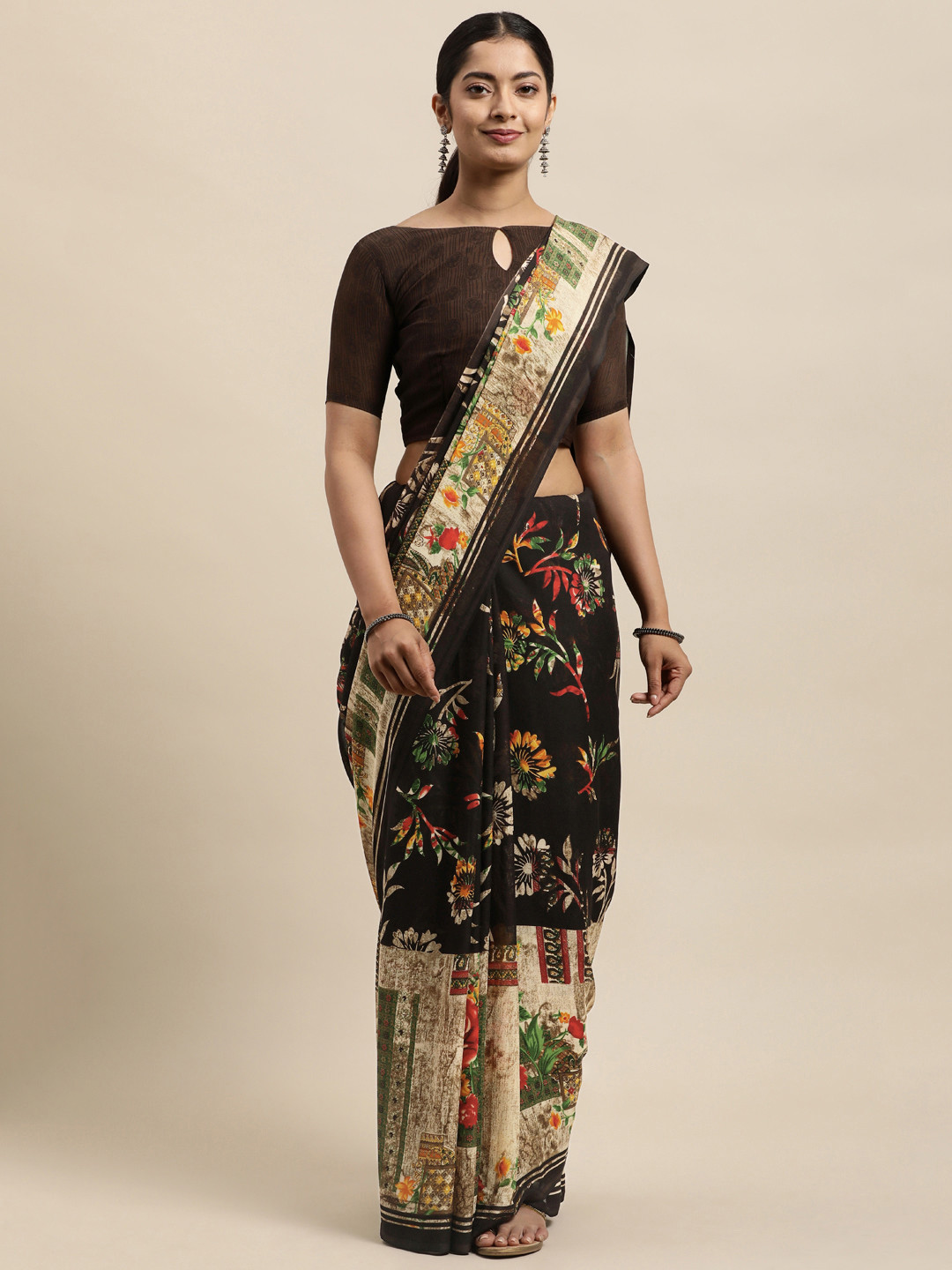 

KALINI Brown & Multicoloured Floral Saree