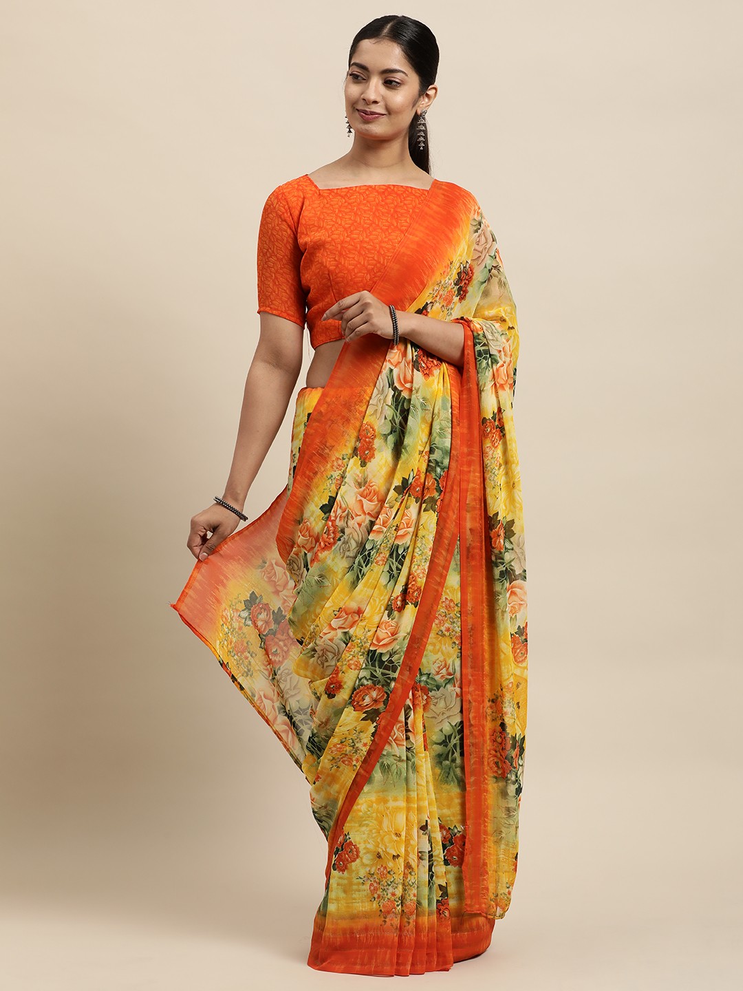

KALINI Yellow Floral Printed Georgette Saree