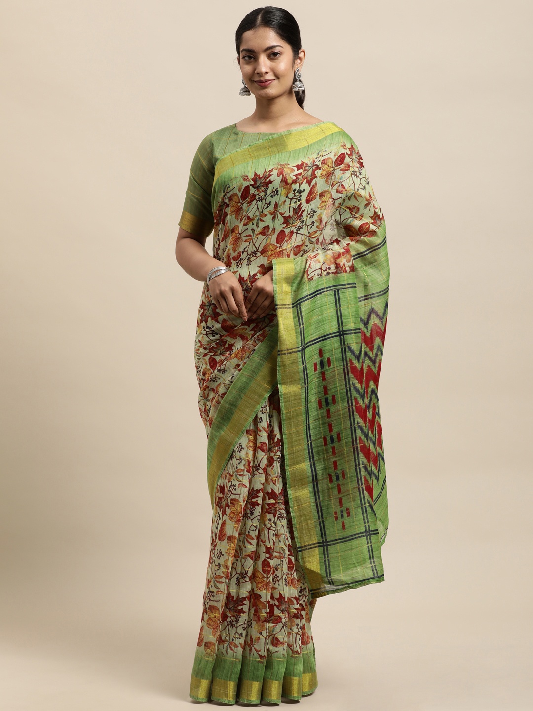 

KALINI Green Floral Art Silk Printed with Woven Zari Saree