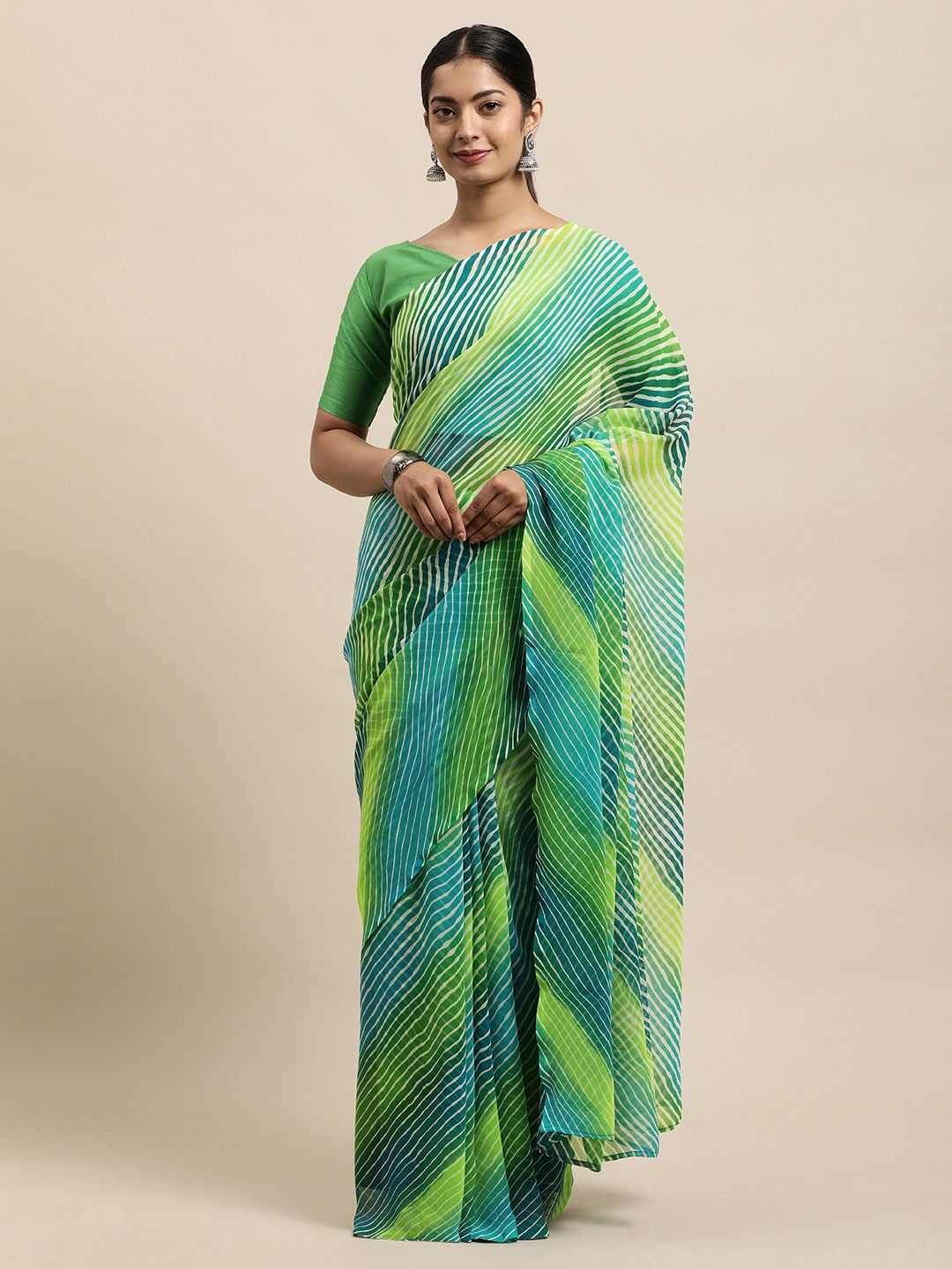 

KALINI Green & White Leheriya Georgette Printed Saree