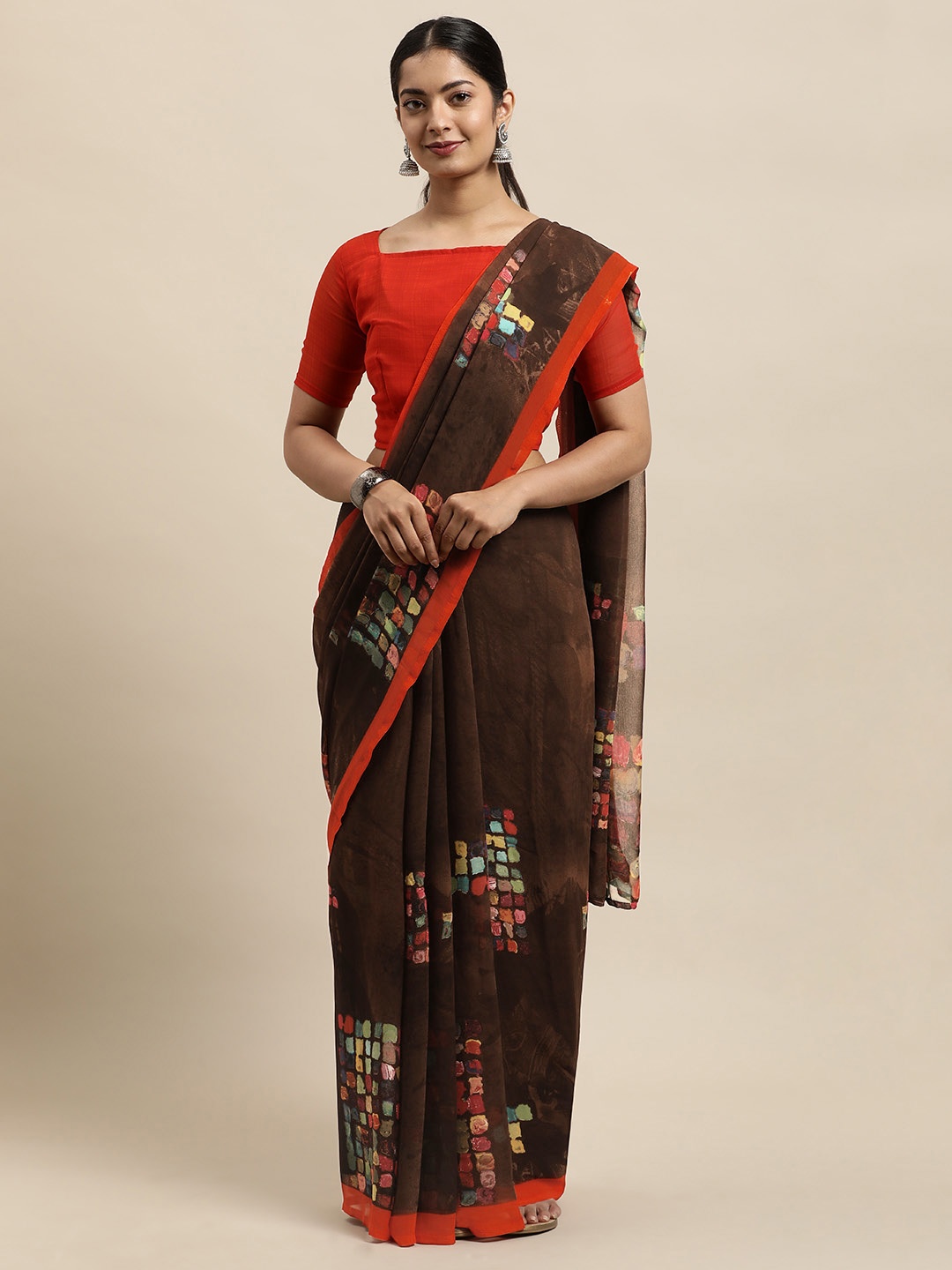 

KALINI Brown & Red Georgette Printed Saree