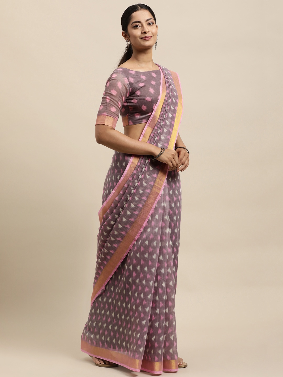 

KALINI Pink & Grey Ethnic Motifs Art Silk Saree