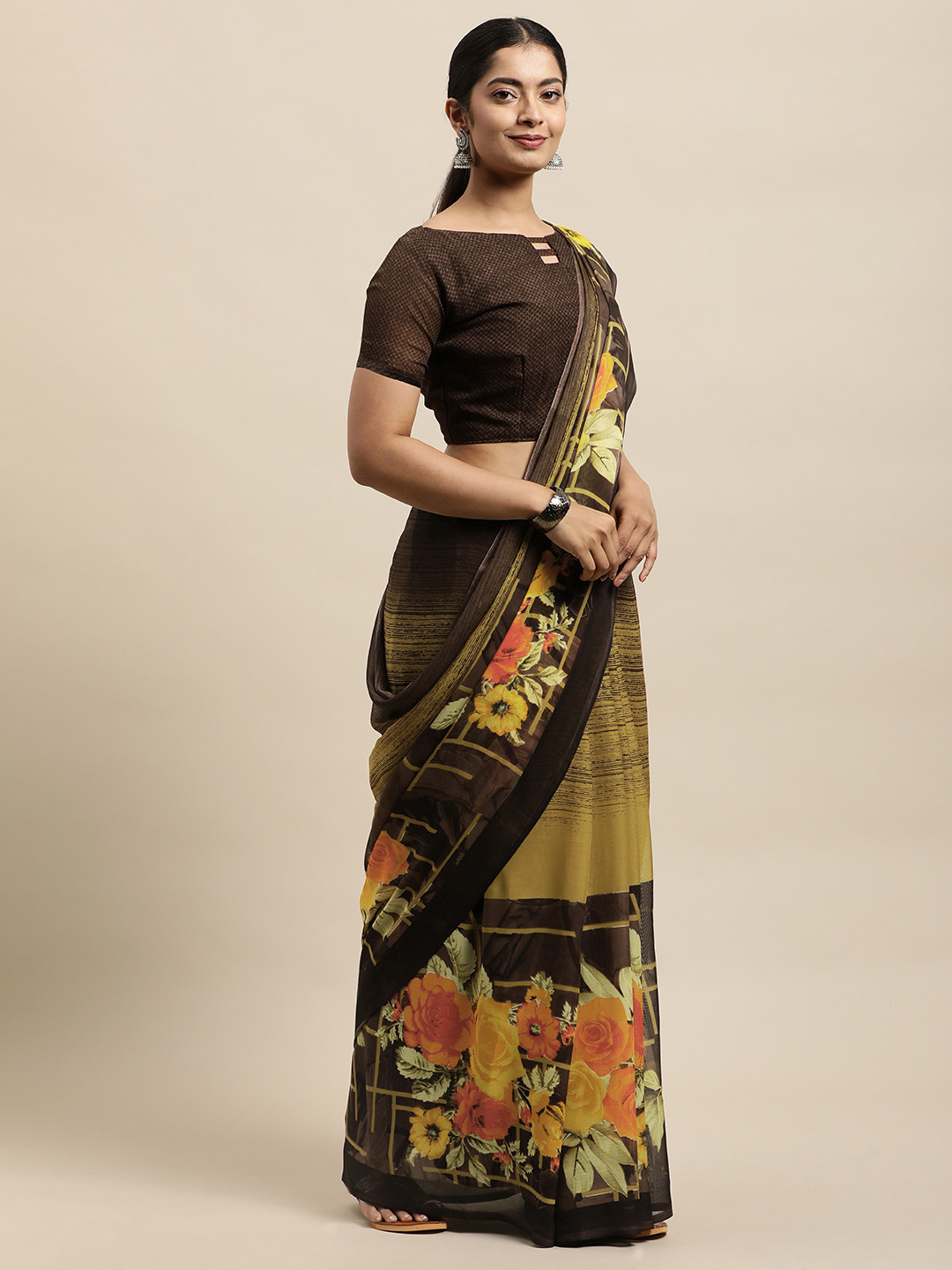 

KALINI Olive Green & Brown Georgette Printed Floral Saree