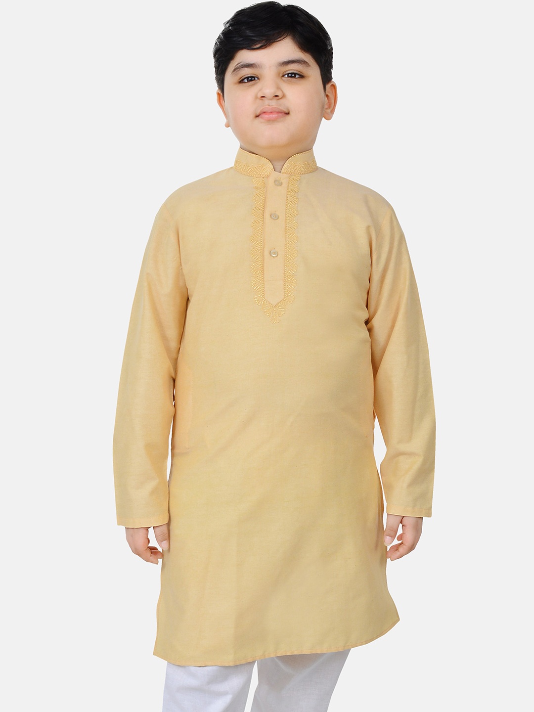 

SG YUVRAJ Boys Yellow Thread Work Mandarin Cotton Collar Kurta