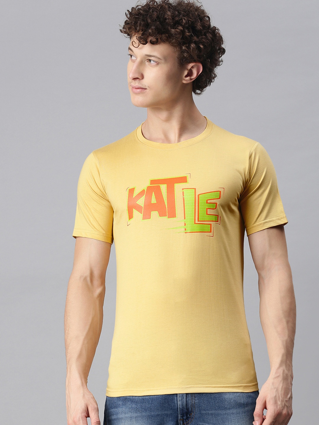 

BRATMA Men Beige Typography Printed Round Neck Regular Sleeves Cotton T-shirt