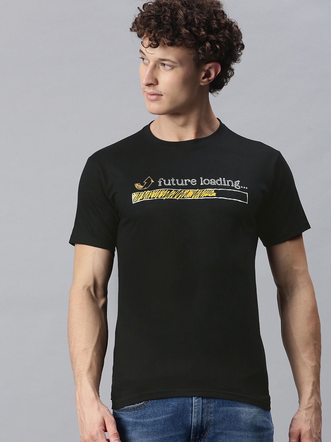 

BRATMA Men Black Typography Printed Round Neck Regular Sleeves Cotton T-shirt