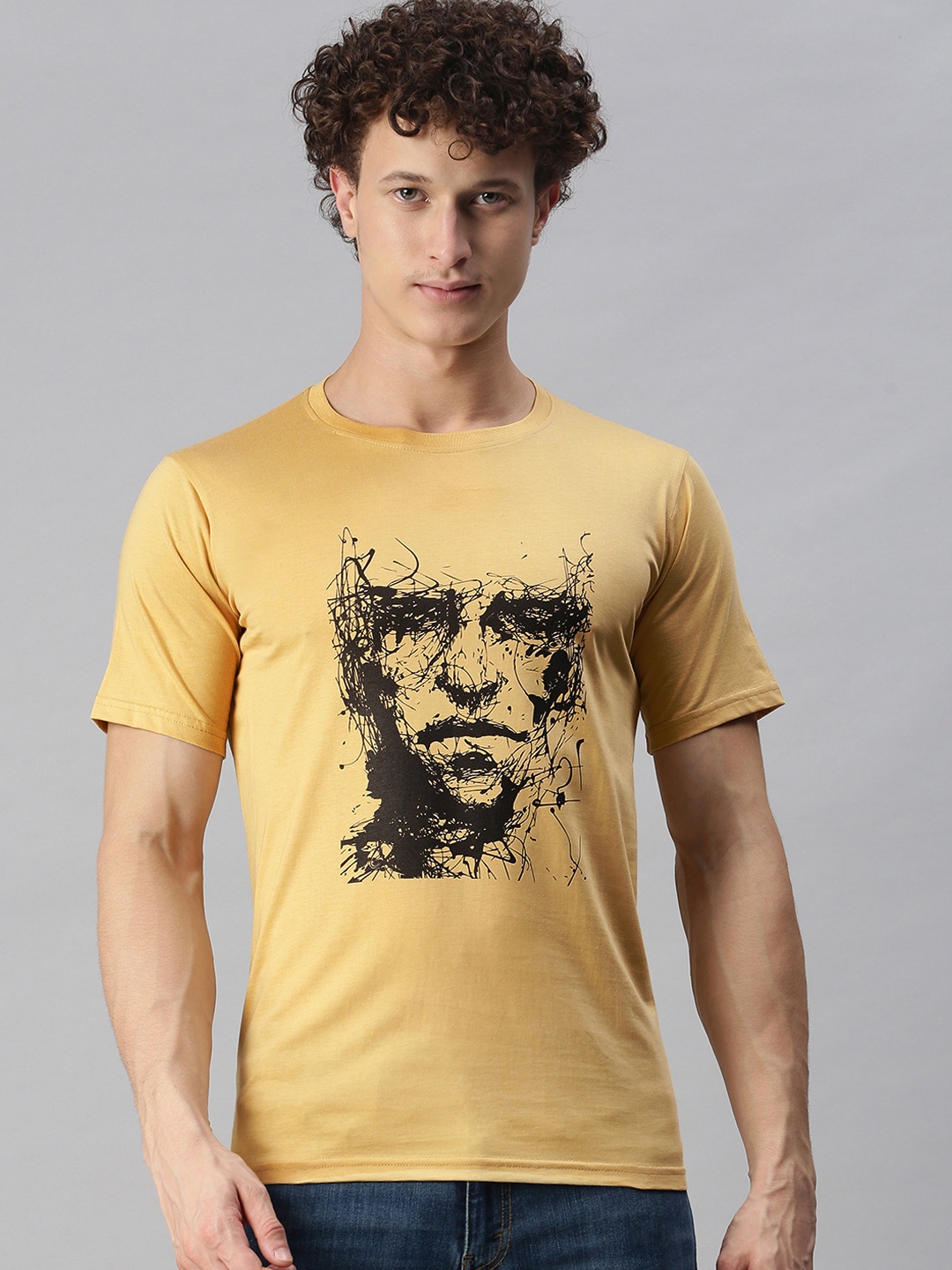 

BRATMA Men Beige Abstract Printed Round Neck Regular Sleeves Cotton T-shirt