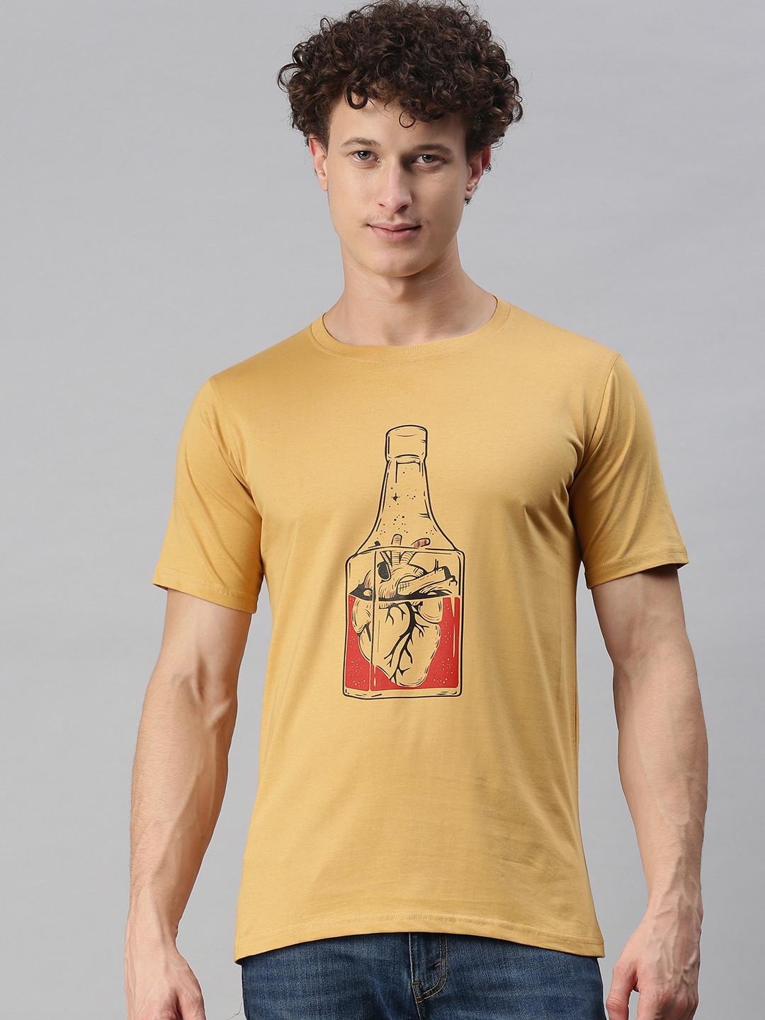 

BRATMA Men Beige Abstract Printed Round Neck Regular Sleeves Cotton T-shirt