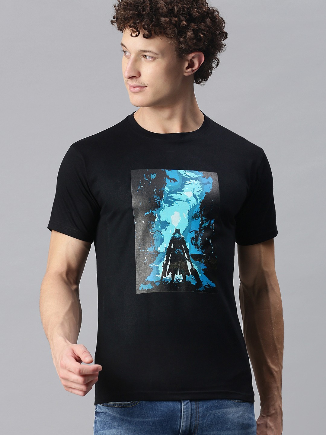 

BRATMA Men Black Graphic Printed Round Neck Regular Sleeves Cotton T-shirt