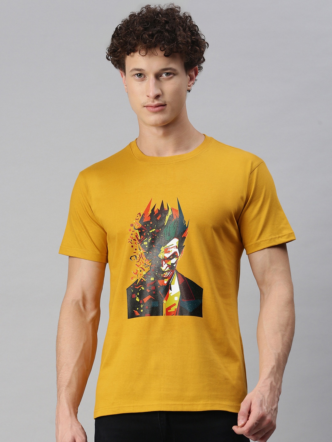 

BRATMA Men Mustard Yellow Graphic Joker Printed Round Neck Regular Sleeves Cotton T-shirt