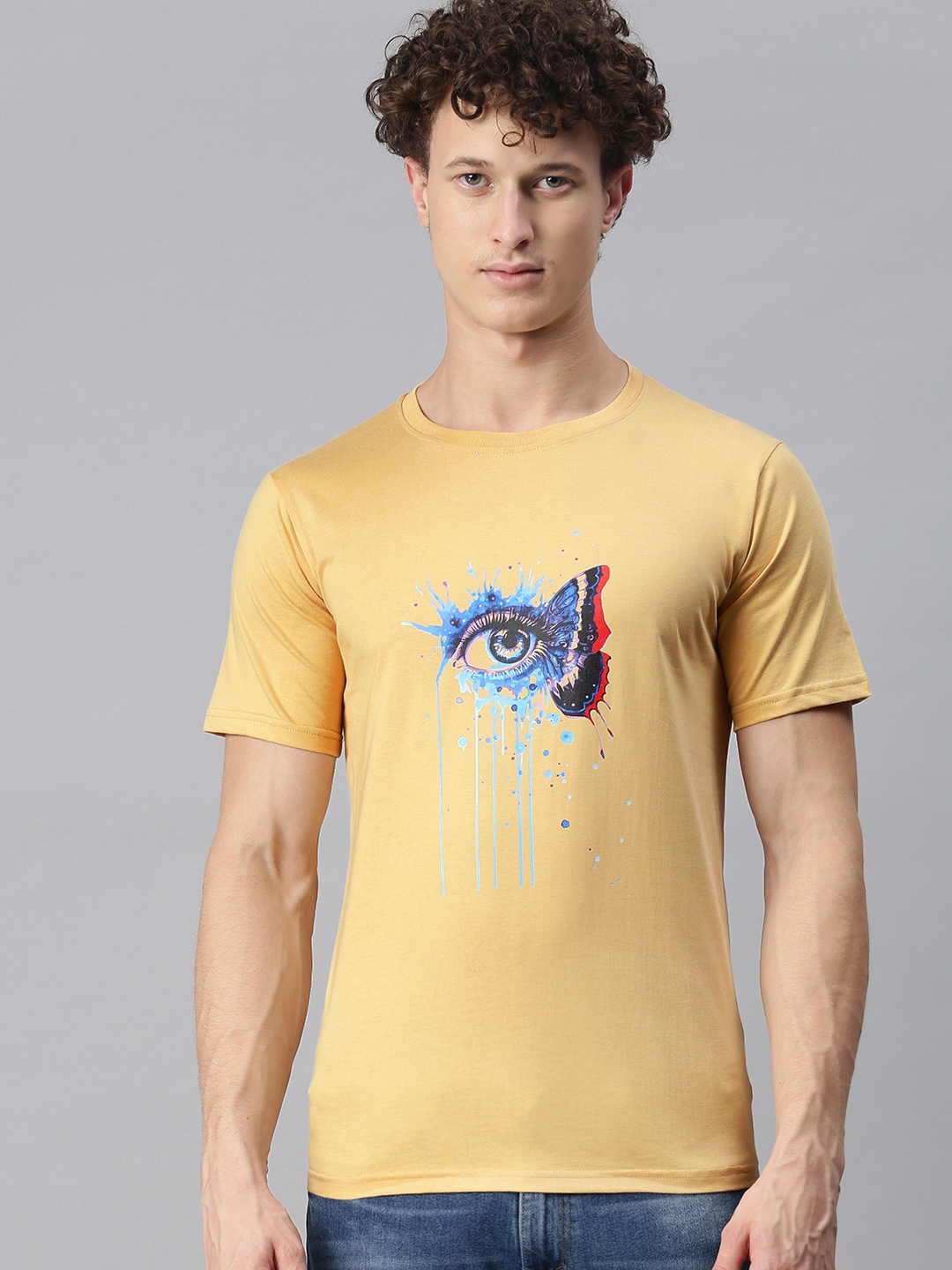 

BRATMA Men Beige Conversational Printed Round Neck Regular Sleeves Cotton T-shirt