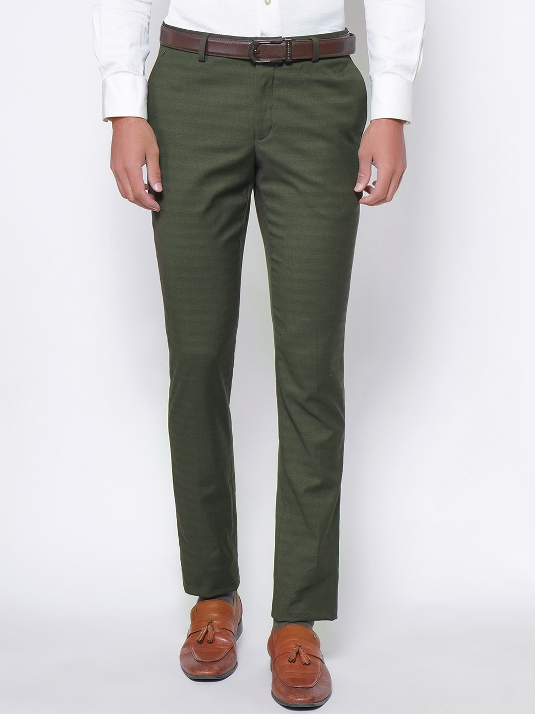 

Blackberrys Men Olive Green B-91 Skinny Fit Striped Formal Trousers