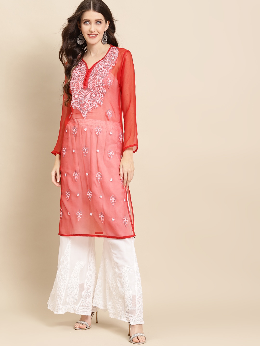 

Saadgi Women Red Floral Chikankari Embroidered Kurta