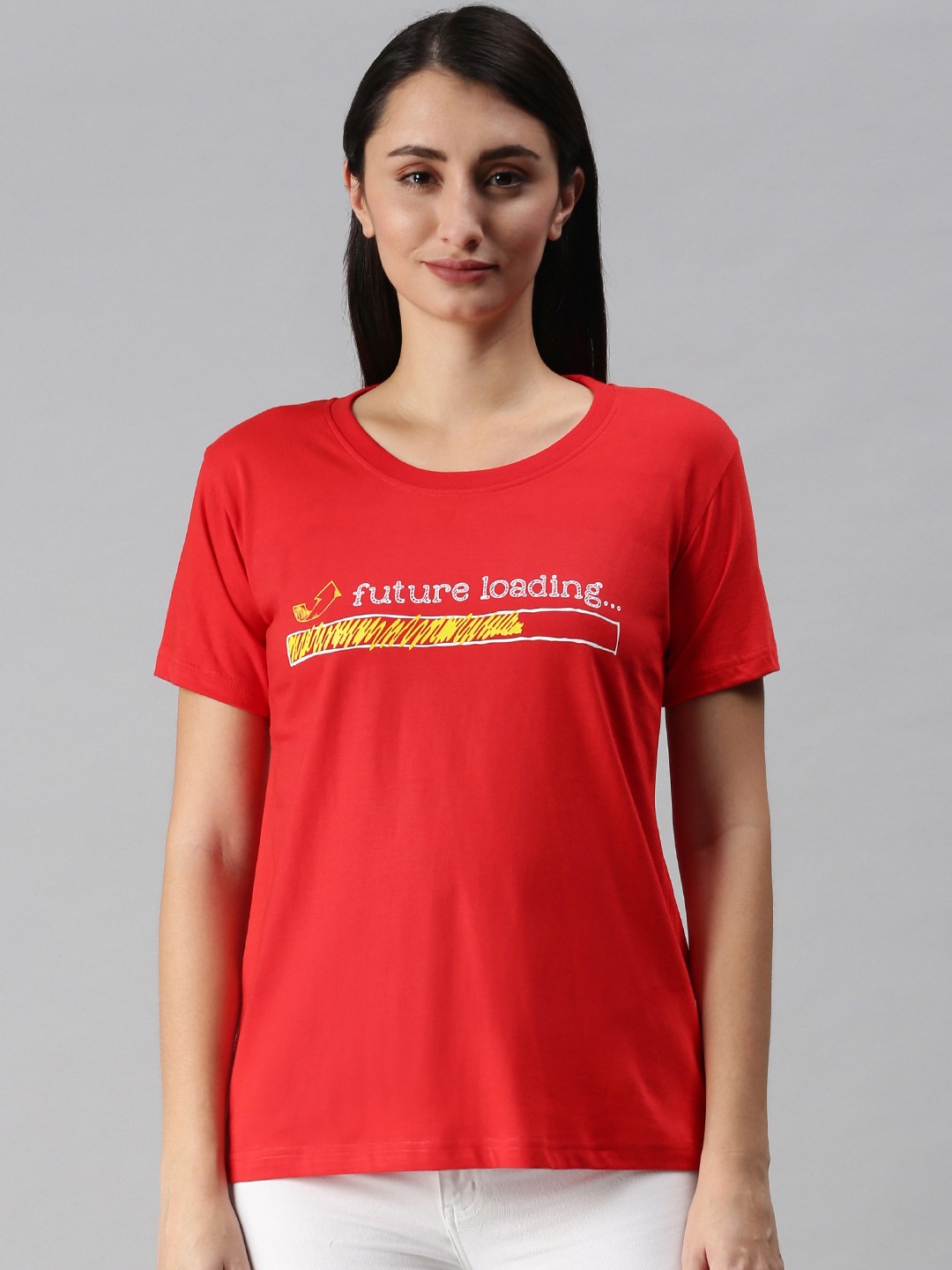

BRATMA Women Red Typography Printed Round Neck T-shirt