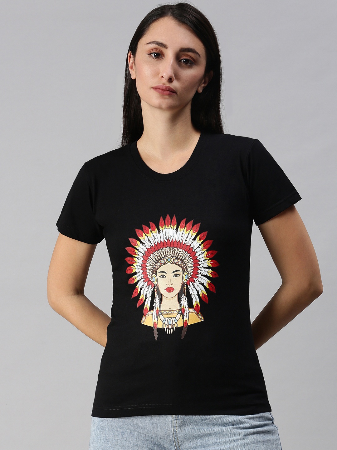 

BRATMA Women Black Tribal Printed Round Neck Regular Sleeves Cotton T-shirt