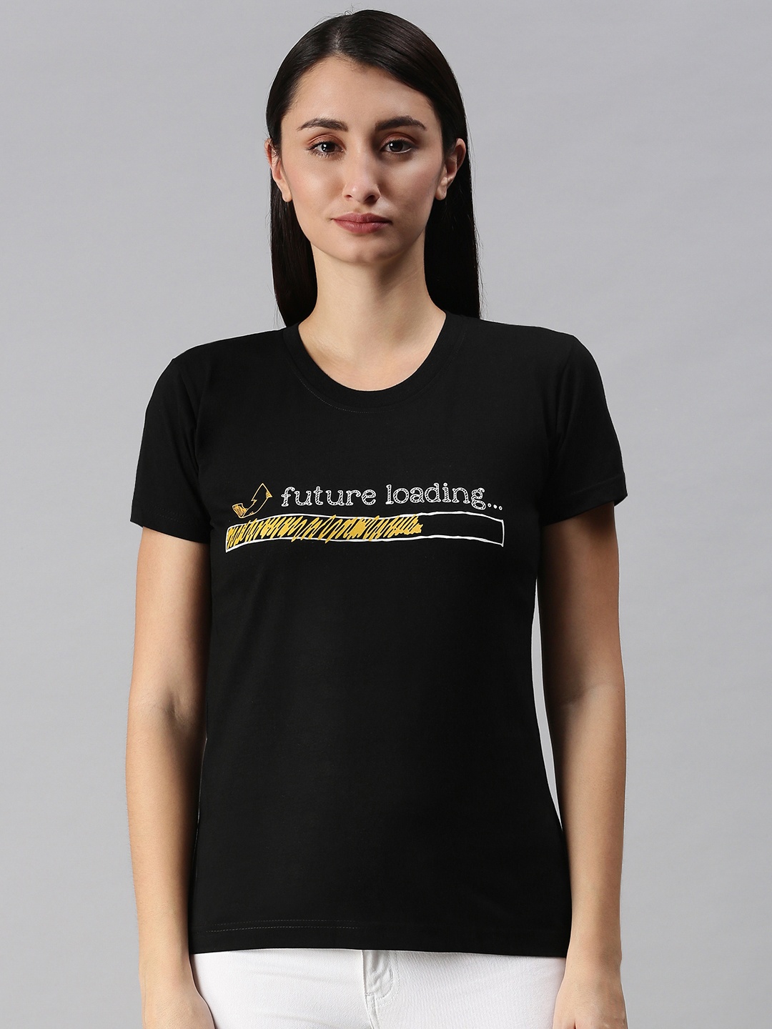 

BRATMA Women Black Typography Printed Round Neck T-shirt