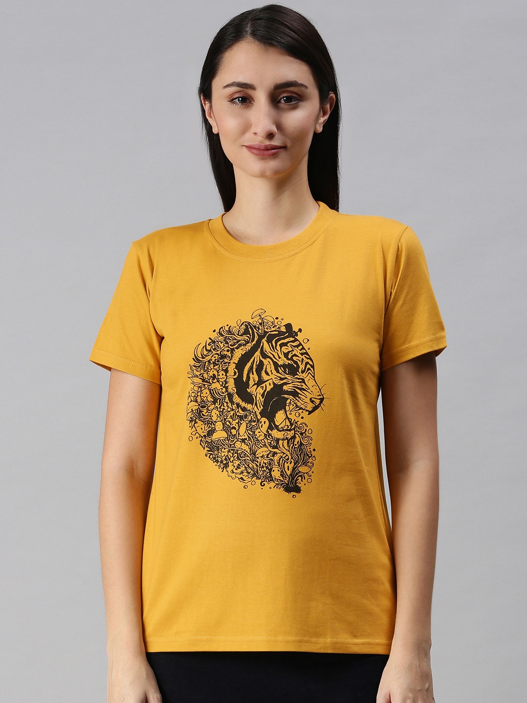 

BRATMA Women Mustard Yellow Tiger Printed Round Neck T-shirt