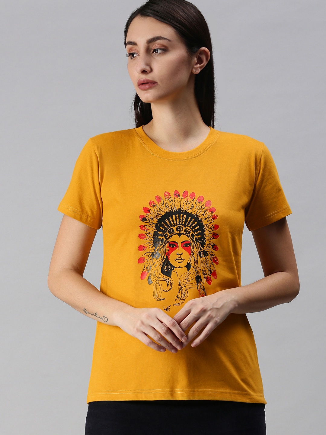 

BRATMA Women Mustard Yellow Tribal Printed Round Neck Regular Sleeves Cotton T-shirt