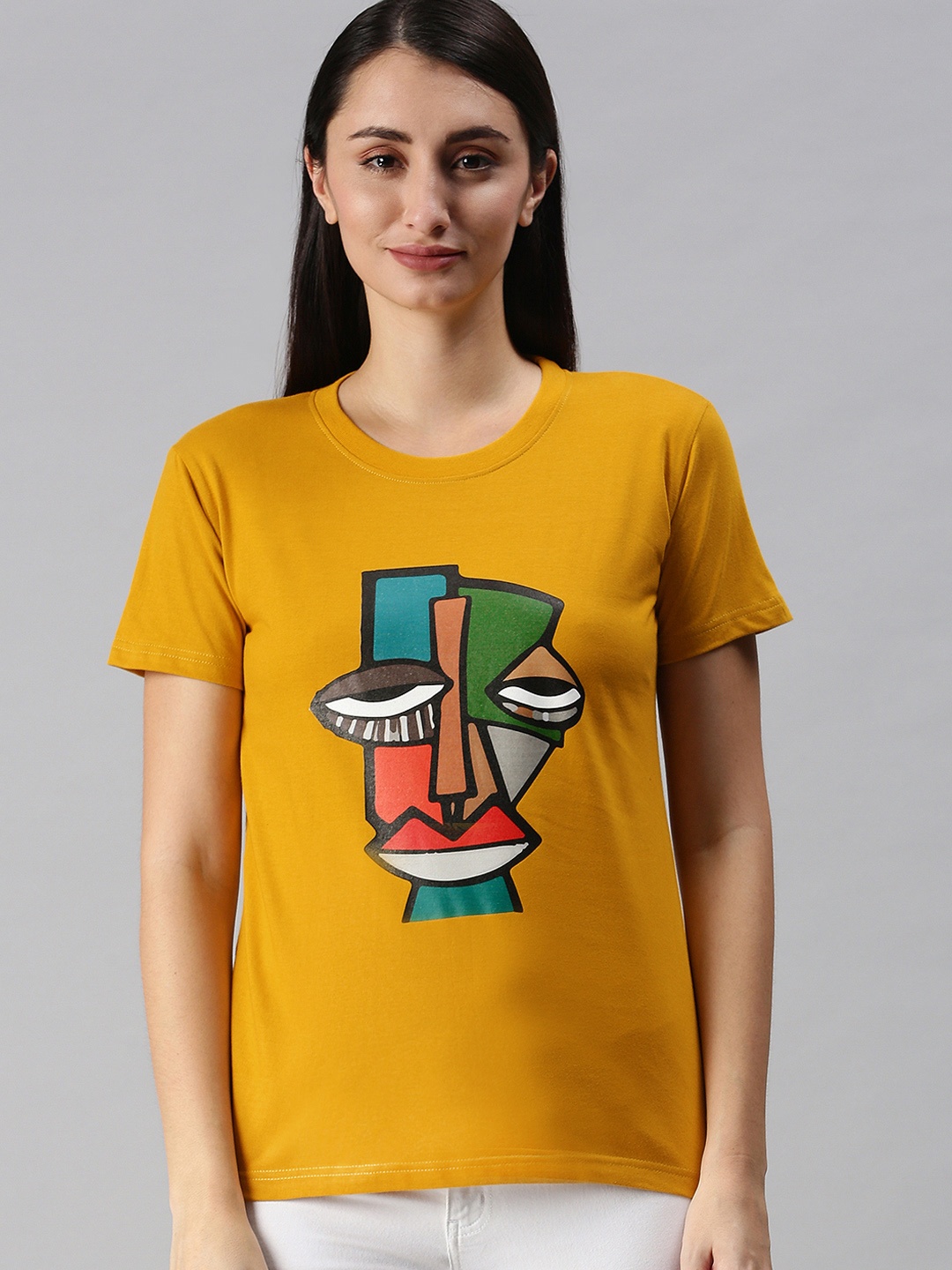 

BRATMA Women Mustard Yellow Printed T-shirt