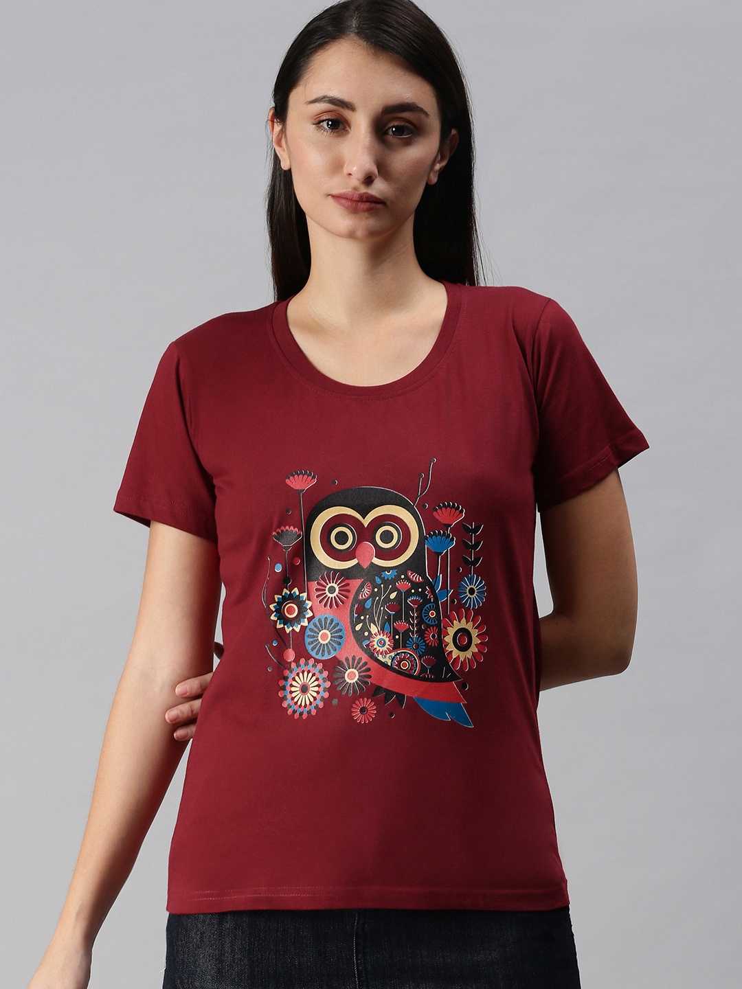 

BRATMA Women Maroon & Black Printed T-shirt