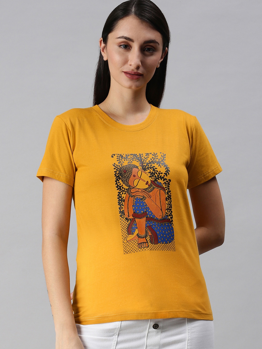 

BRATMA Women Mustard Yellow Printed T-shirt