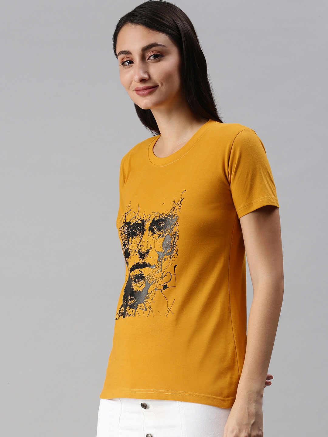 

BRATMA Women Mustard Yellow & Black Printed T-shirt