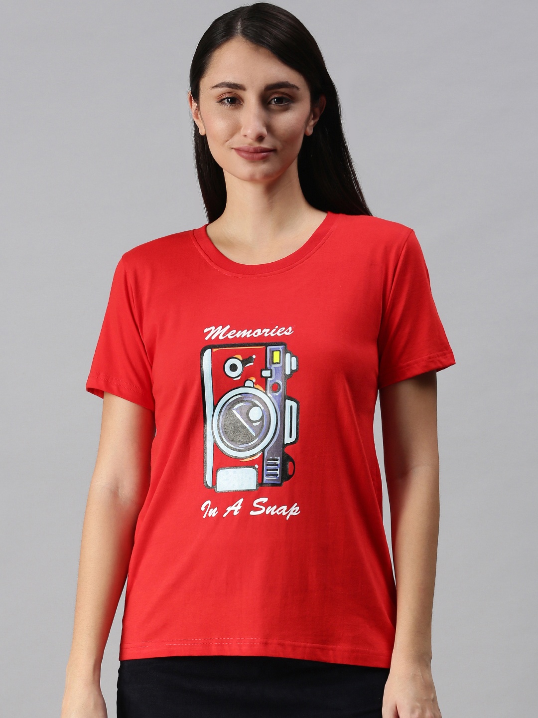 

BRATMA Women Red Typography Printed Round Neck T-shirt