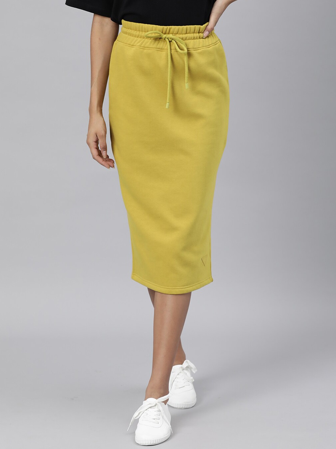 

RAREISM Women Yellow Solid Pencil Midi Skirt