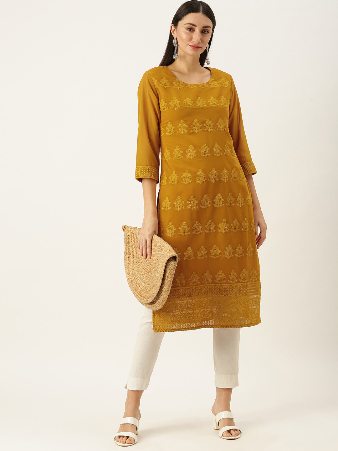 

SWAGG INDIA Women Mustard Yellow Floral Embroidered Chikankari Georgette Straight Kurta