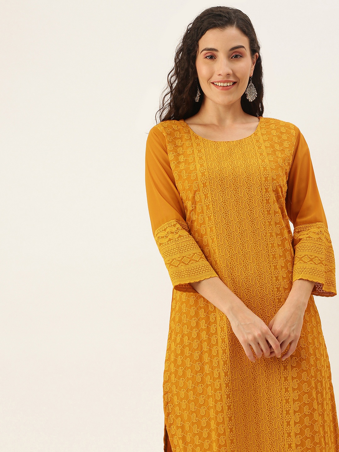 

SWAGG INDIA Women Mustard Yellow Paisley Embroidered Chikankari Kurta