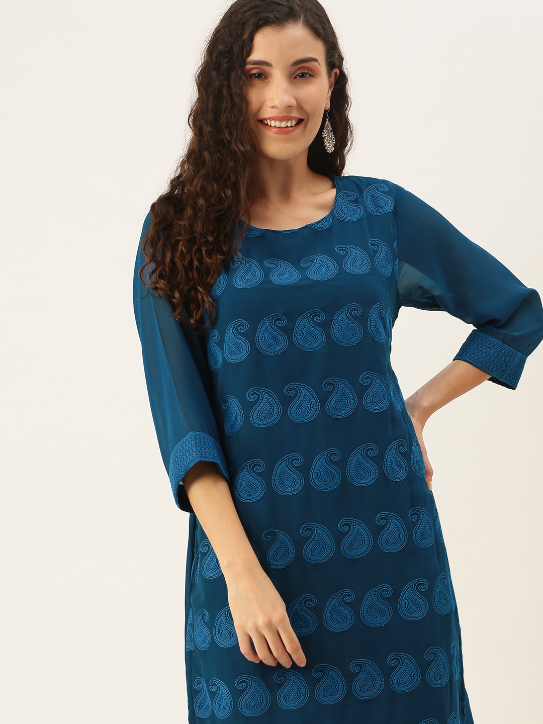 

SWAGG INDIA Women Teal Blue Embroidered Chikankari Georgette Kurta