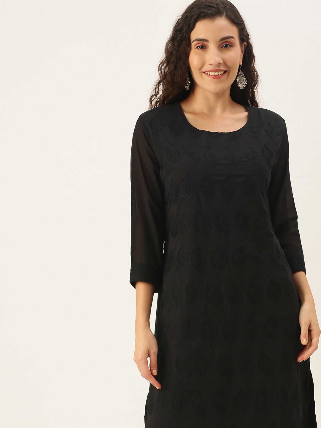 

SWAGG INDIA Women Black Ethnic Motifs Embroidered Chikankari Kurta