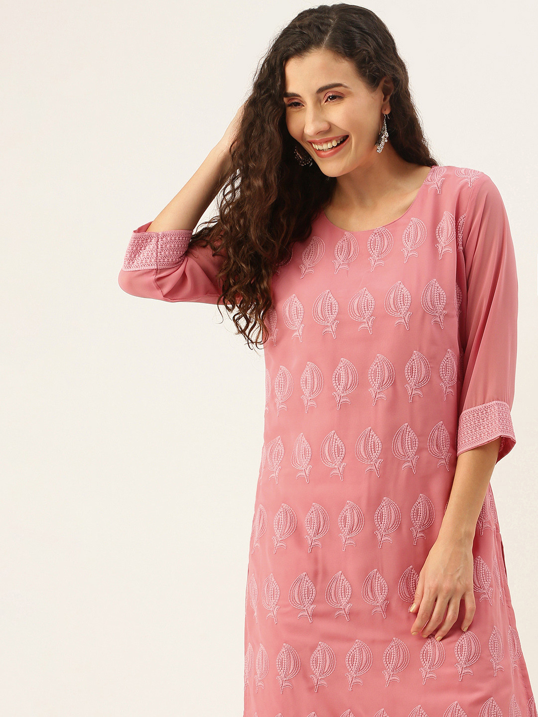 

SWAGG INDIA Women Pink Ethnic Motifs Embroidered Chikankari Georgette Kurta