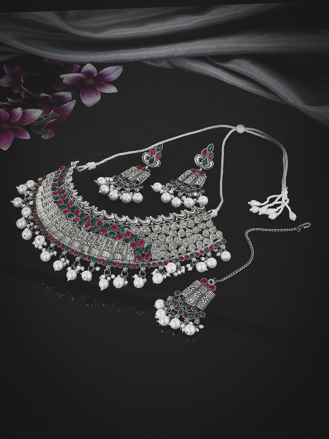 

KOLHA-BY CARLTON Silver Plated Pink & Green Stone Studded Beaded Oxidised Jewellery Set