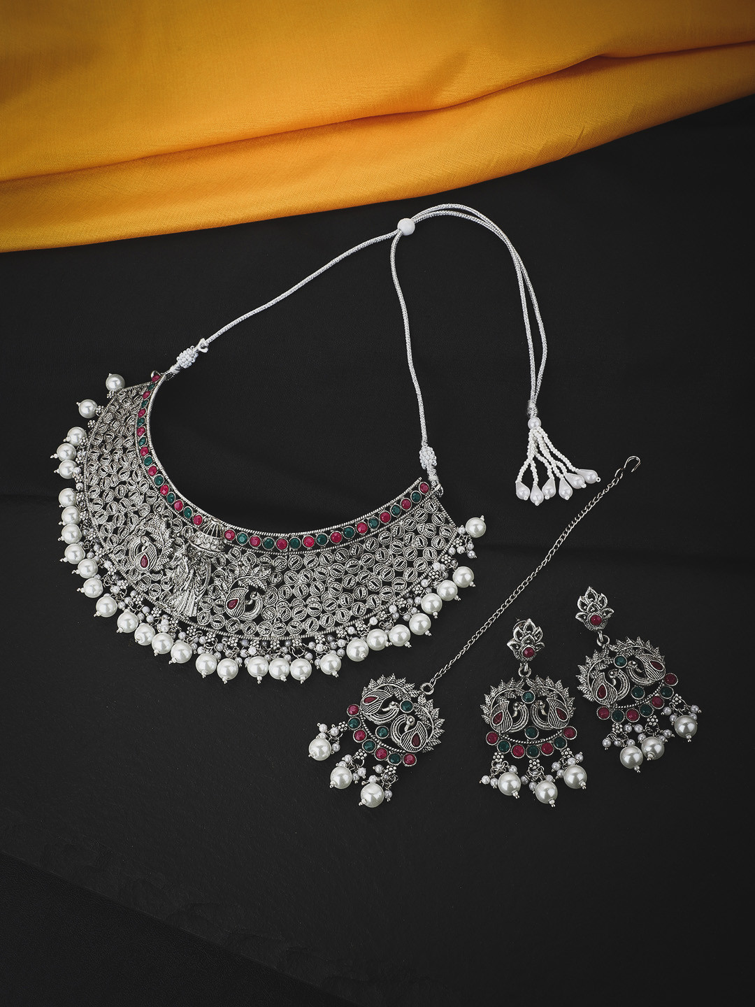 

KOLHA-BY CARLTON Silver Plated Red & Green Stone Studded Beaded Oxidised Jewellery Set