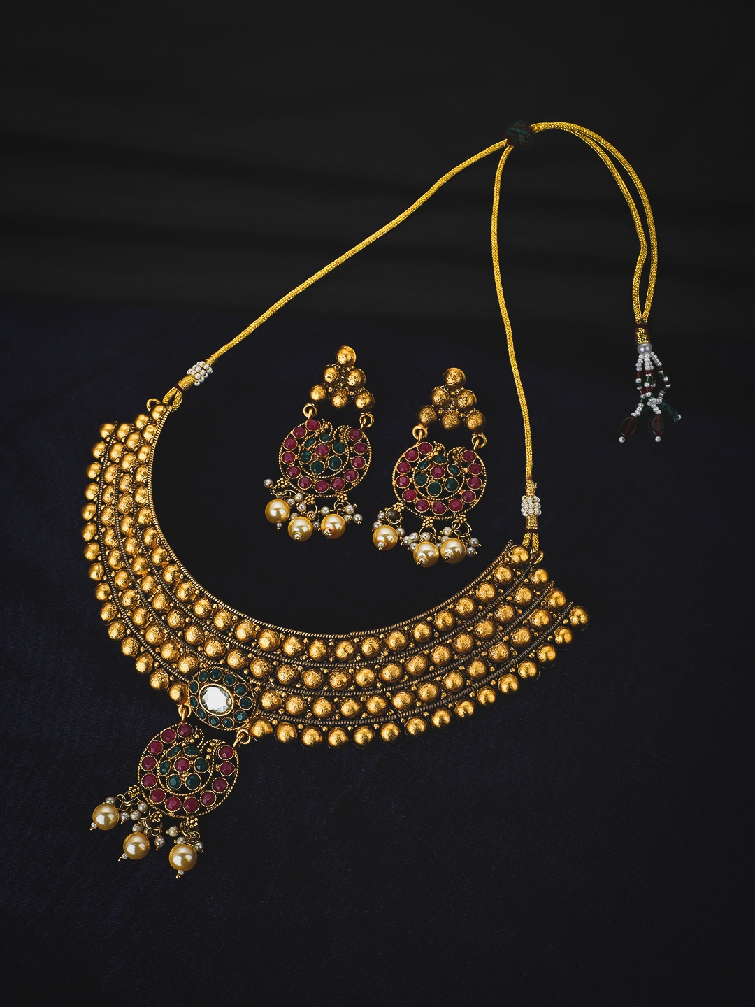 

KOLHA-BY CARLTON Gold Plated Red & Green Stone Studded Beaded Necklace Set