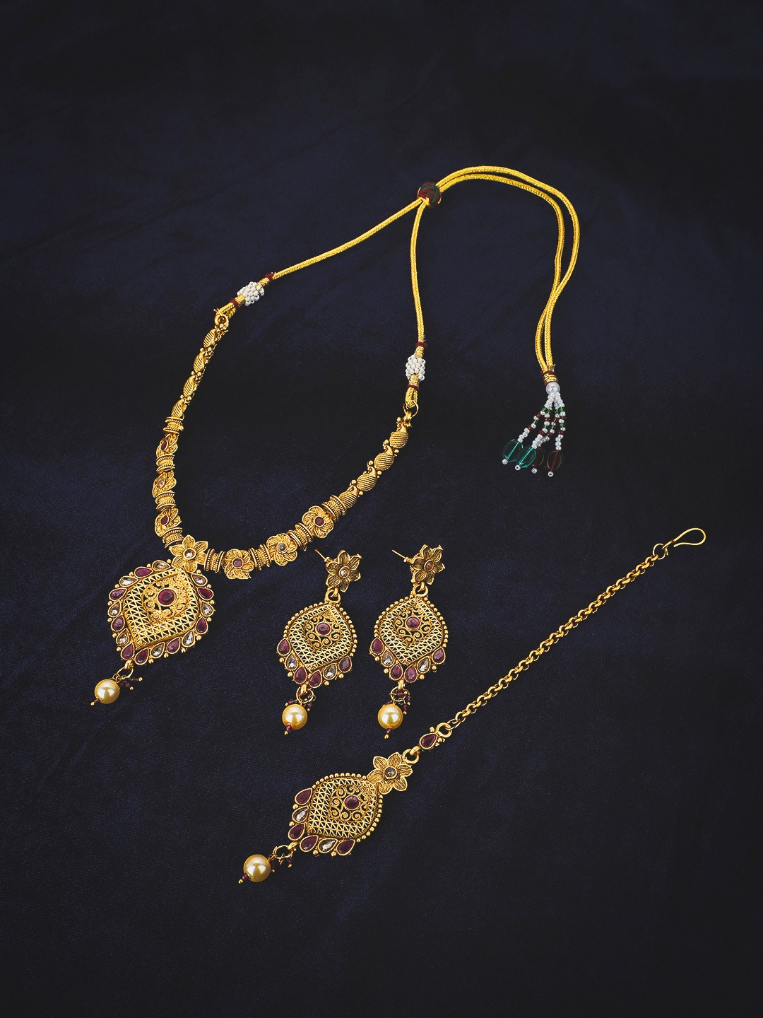 

KOLHA-BY CARLTON Gold Plated Red & White Stone Studded Beaded Jewellery Set