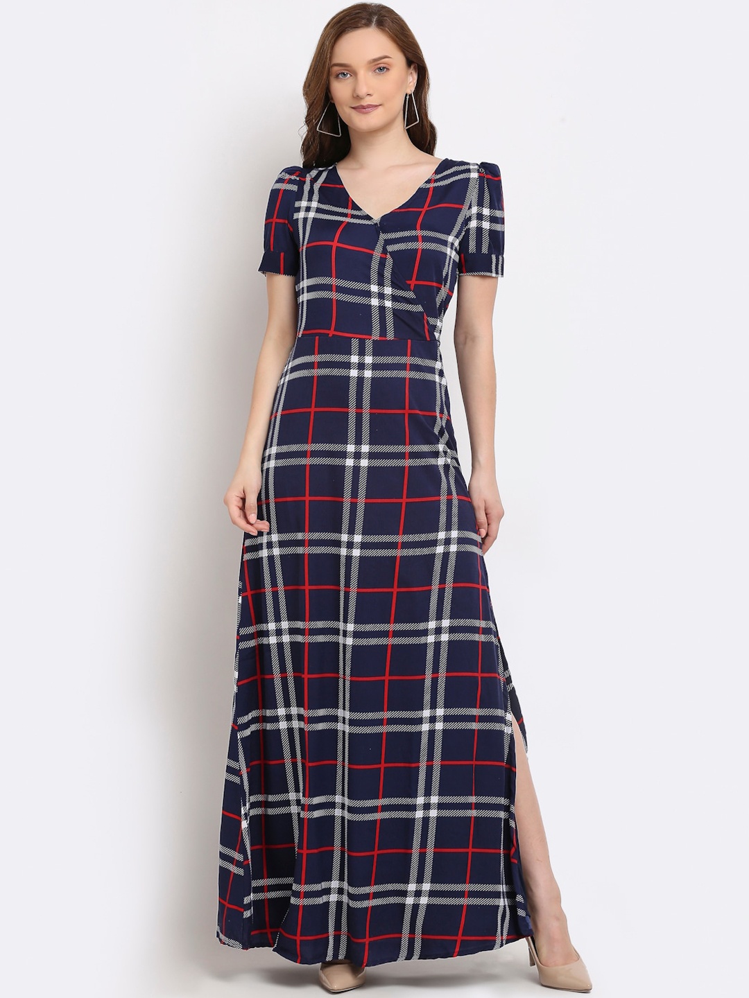 

La Zoire Navy Blue & White Checked Crepe Maxi Dress