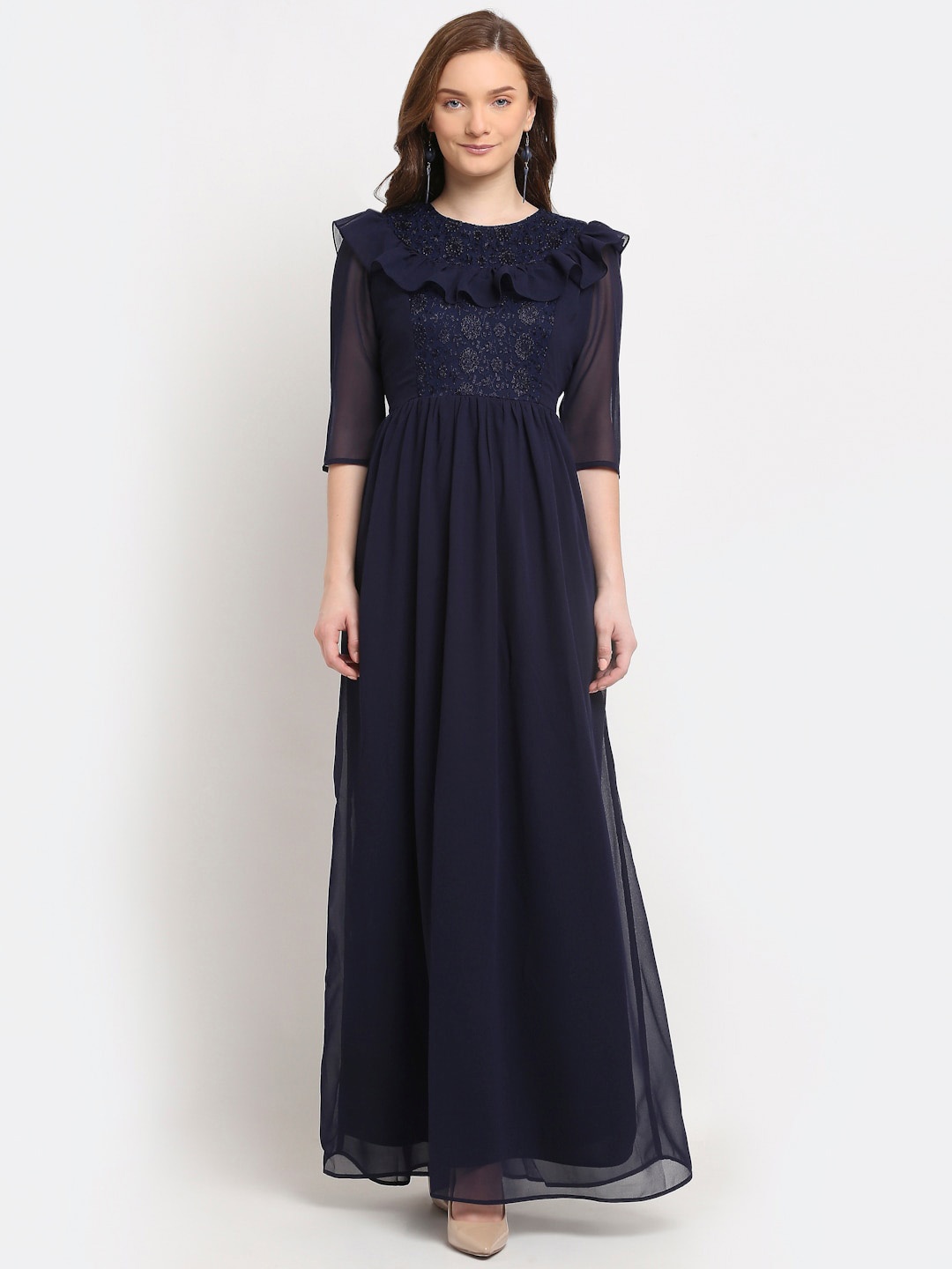 

La Zoire Navy Blue Embellished Ruffles Georgette Fit & Flare Maxi Dress