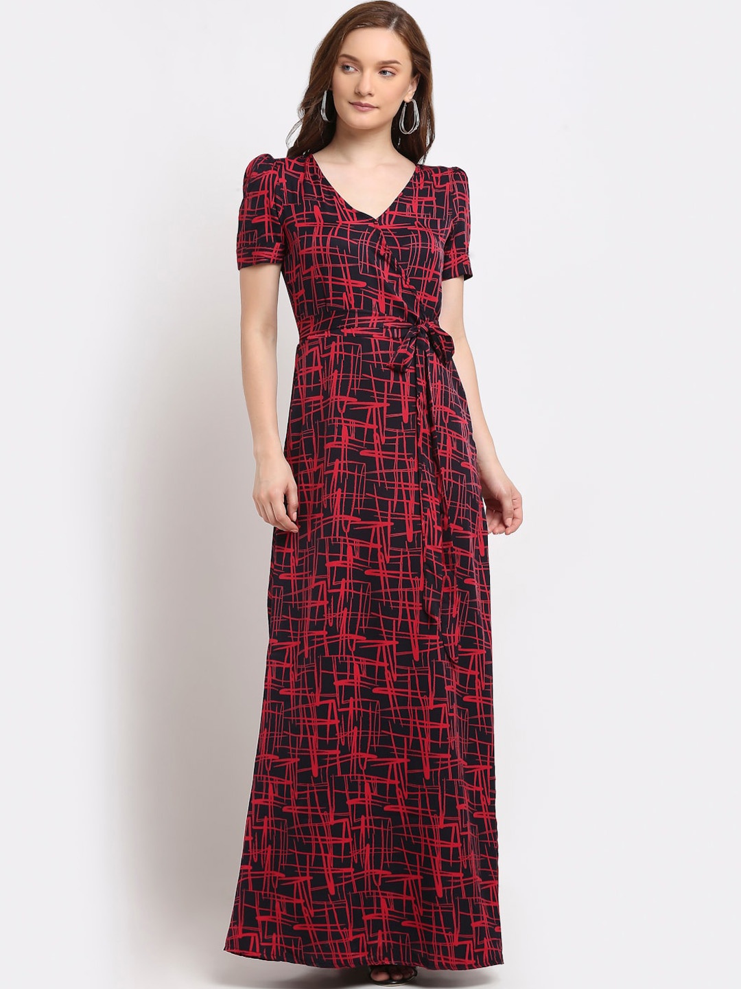 

La Zoire Navy Blue & Red Printed Belted Crepe Maxi Dress