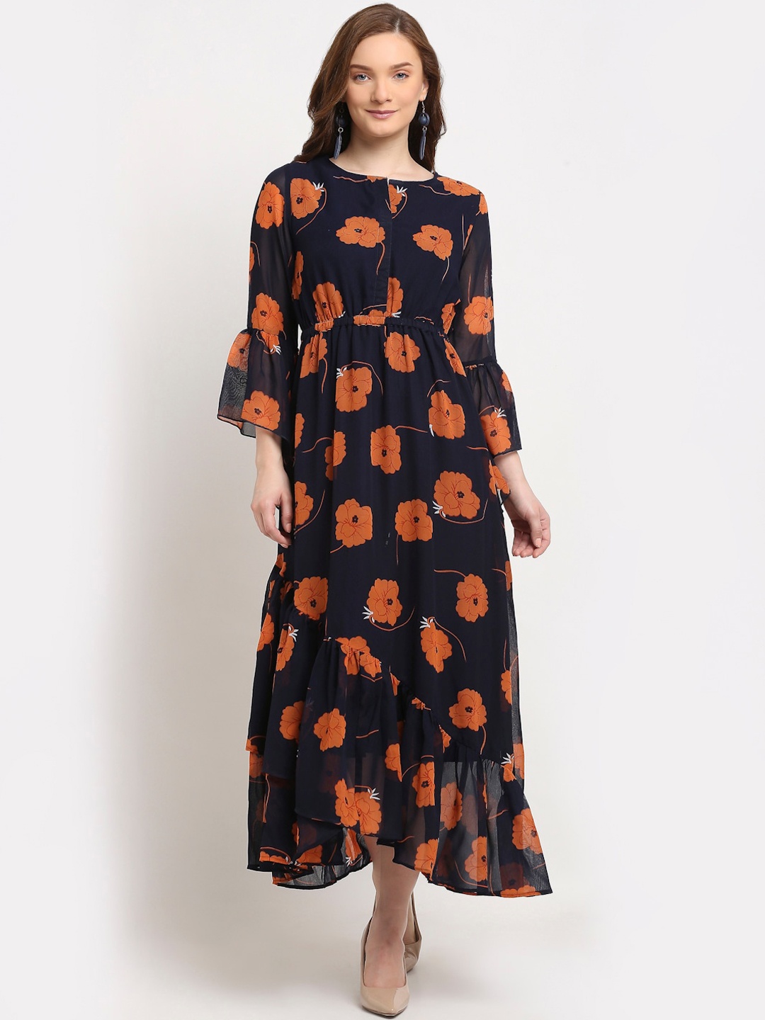 La Zoire Navy Blue & Orange Floral Georgette Maxi Dress
