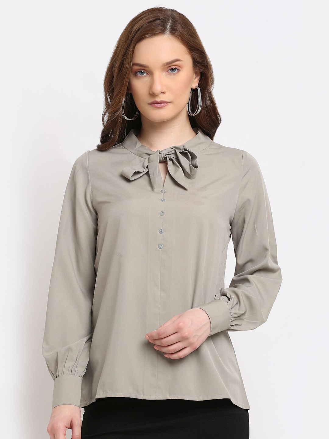 

La Zoire Grey Tie-Up Neck Crepe Regular Top