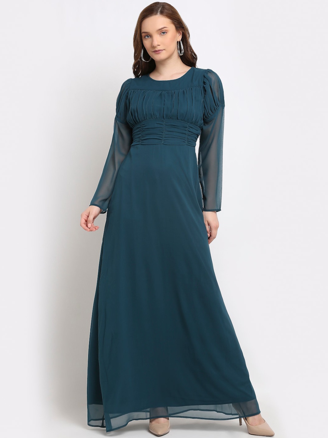 

La Zoire Turquoise Blue Solid Georgette Maxi Dress With Gathered Detailing